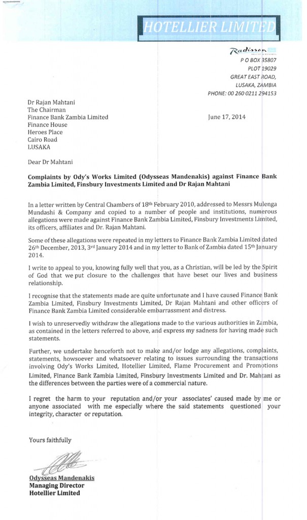Apology to Chairman Finance Bank Zambia 